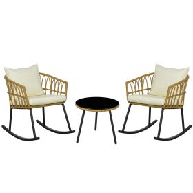 Outsunny 3 Piece Bistro Set with Cushions, Outdoor PE Rattan Wicker Patio Rocking Chair with 2 Porch Rocker Chairs, Glass Top Coffee Table Patio Conve