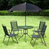 Outsunny 6 Piece Patio Dining Set for 4 with Umbrella, Outdoor Table and Chairs with 4 Folding Dining Chairs & Round Glass Table for Garden, Backyard