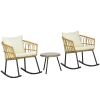 Outsunny 3 Piece Bistro Set with Cushions, Outdoor PE Rattan Wicker Patio Rocking Chair with 2 Porch Rocker Chairs, Glass Top Coffee Table Patio Conve