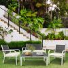 4 Pieces Patio Garden Sofa Conversation Set Wood Grain Design PE Steel Frame Loveseat All Weather Outdoor Furniture Set with Cushions Coffee Table for