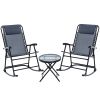 Outsunny 3 Piece Outdoor Rocking Bistro Set, Patio Folding Chair Table Set with Glass Coffee Table for Yard, Patio, Deck, Backyard, Grey