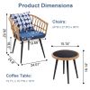 3 Piece Patio Bistro Set with Side Table, Outdoor PE Rattan Conversation Chair Set,Furniture of Coffee Table with Glass Top,Cushions & Lumbar Pillows