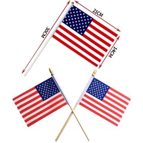 100 pcs Handheld American flag; Hand-waved flag; Independence Day flag; wooden or plastic flagpole; American flag; 14 * 21cm (Material: wooden, amount: 100 pcs)