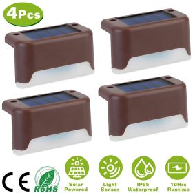 4Pcs Solar Powered LED Step Lights Outdoor IP55 Waterproof Dusk To Dawn Sensor Fence Lamps (Color: BROWN, Light Color: Warm)