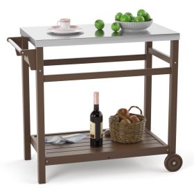 Outdoor Prep Cart Dining Table for Pizza Oven;  Patio Grilling Backyard BBQ Grill Cart (Color: BROWN)