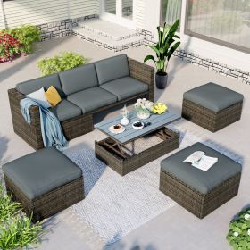 Patio Furniture Sets, 5-Piece Patio Wicker Sofa with Adustable Backrest, Cushions, Ottomans and Lift Top Coffee Table (Color: GRAY)