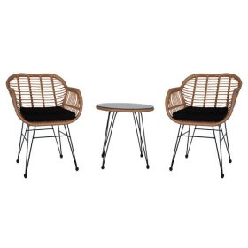 Oshion 3 pcs Wicker Rattan Patio Conversation Set with Tempered Glass Table Flaxen Yellow (Color: As Picture)